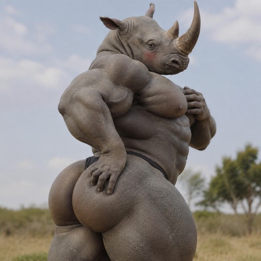 Surreal 3D-rendered rhinoceros-like creature standing outdoors under a cloudy sky