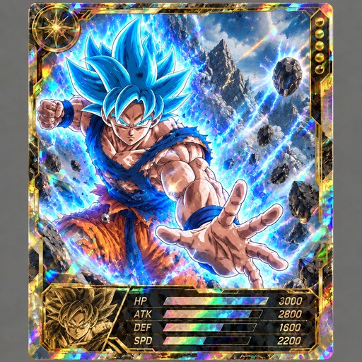 Anime trading card depicting a blue-haired fighter surrounded by blue energy effects