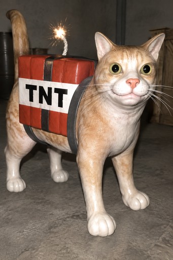 Orange cat wearing a TNT barrel costume with a lit fuse indoors