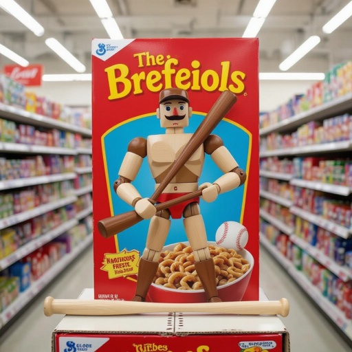 Wood man with baseball bat cereal box in store
