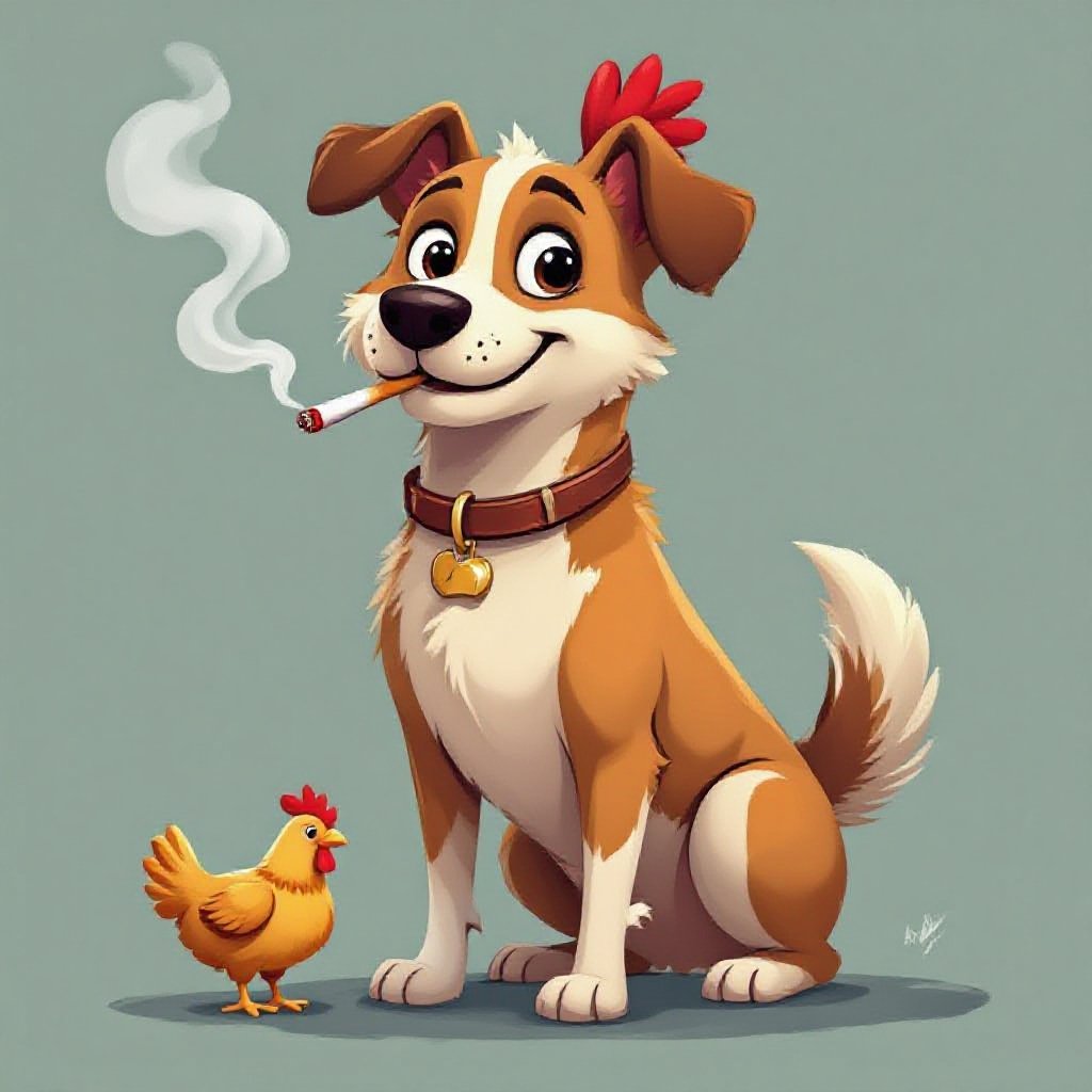 Un cane con le zampe da pollo che gli piace fumare