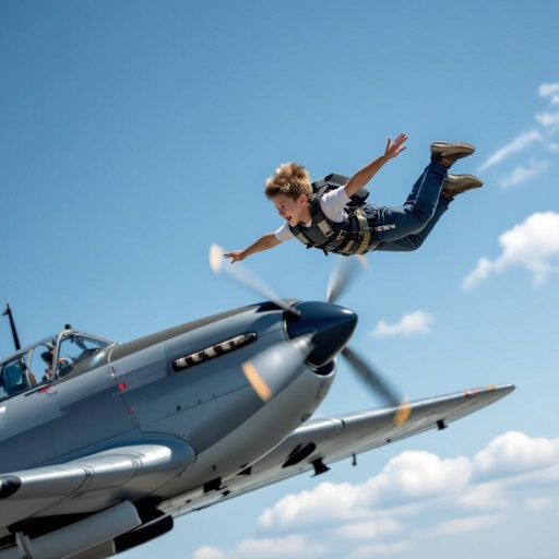 Make a kid flying in the sky fusioned with a war plane
