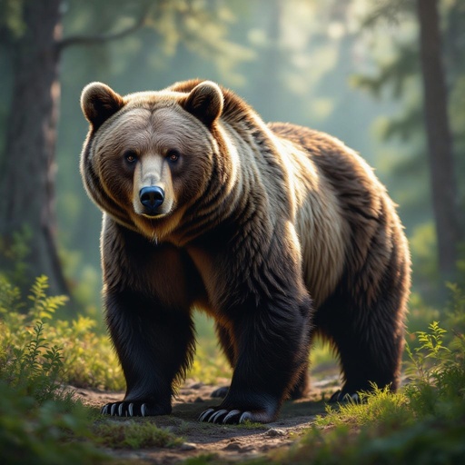 Grizlly bear mixed body with radio belly in forest