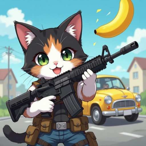 Un gatto con una faccia da persona è un mitragliatore è una bomba dietro è una macchina banana dietro