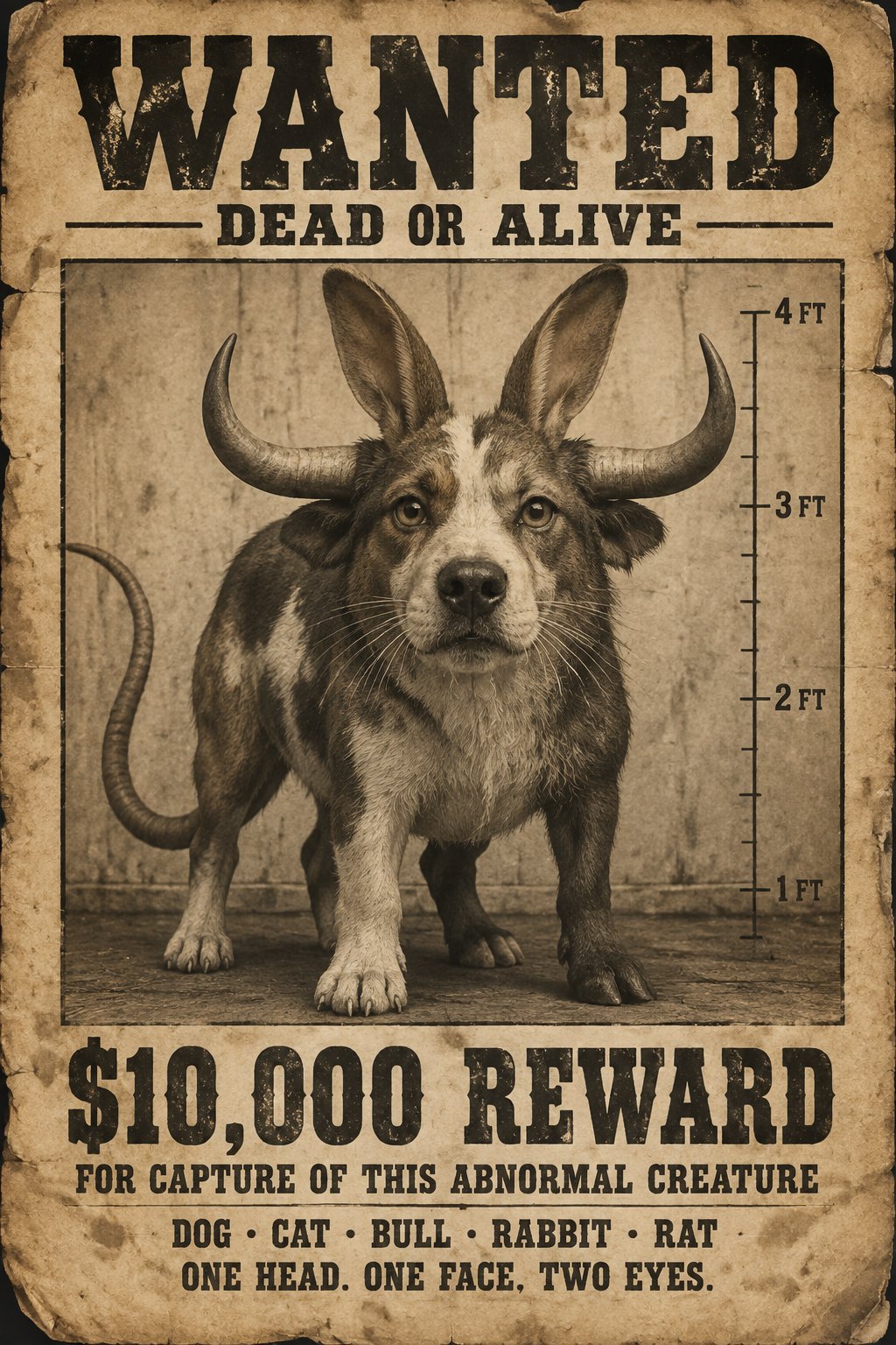 Vintage sepia wanted poster featuring a horned, multi-legged creature with reward text