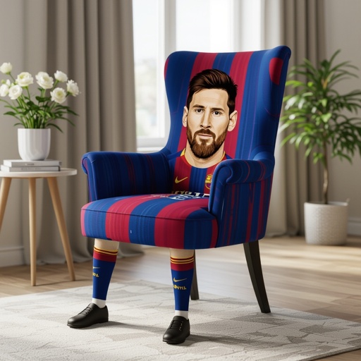 Uma cadeira com a cara do Messi e com pernas