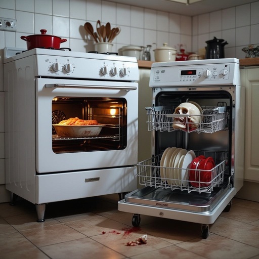 Forno e lavastoviglie vivi e seri con gambe 