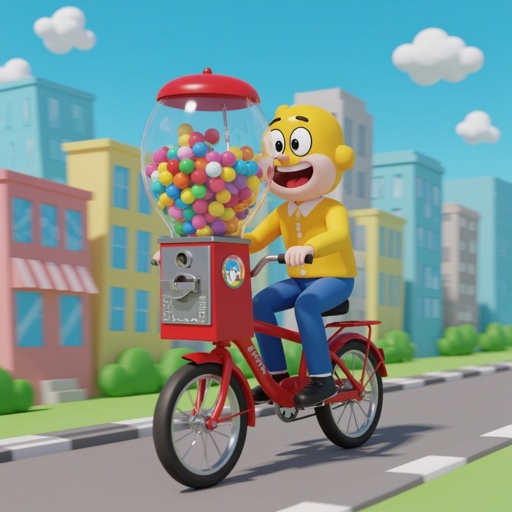 Gumball machine man ride bicycle in city