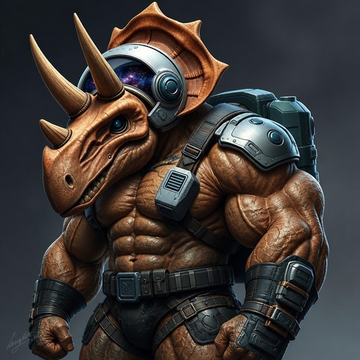 Armored triceratops warrior with cybernetic gear, illustrated in dark cinematic style