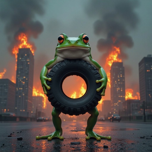 Frog with tire body 2 human leg in city on fire