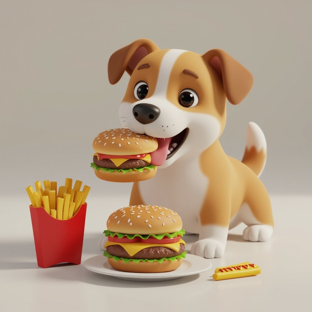 A dog eating a hamburger, french fries and hotdog
