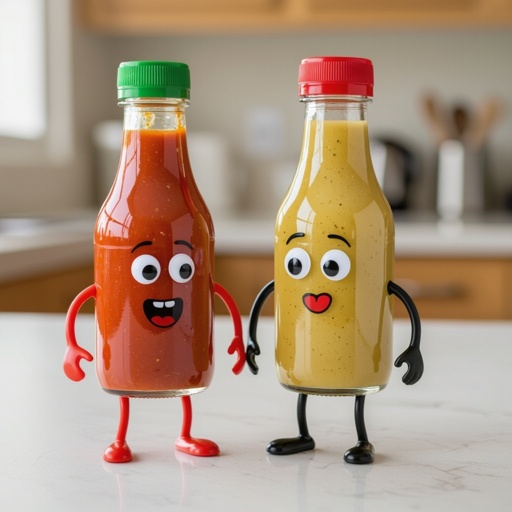 Molho de pimenta do lado de um molho de alho. Os dois em pé e de garrafa que tem pernas, e tenham boca e olhos