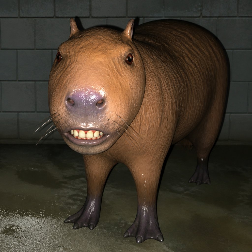 Surreal 3D-rendered capybara-like creature standing in a dim tiled room