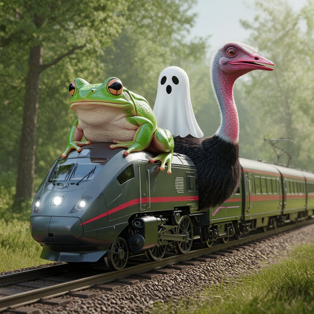Una rana fusa con una ruota fuso con un t-rex fantasma fuso con lo struzzo treno futuristico usa ad un elefante fragola