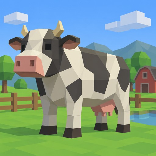 Pixel-art cow standing beside a fence in a bright green landscape
