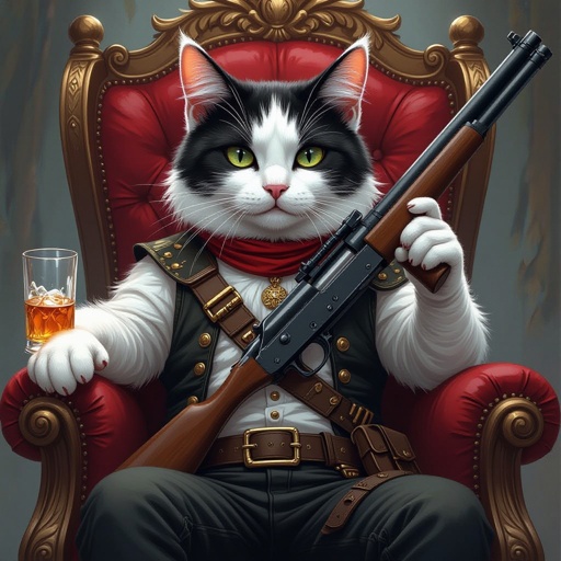 Gatto bianco e nero con un fucile a pompa e che beve la vodka e con un fucile in fronte che è sul trono con i vestiti da bandito