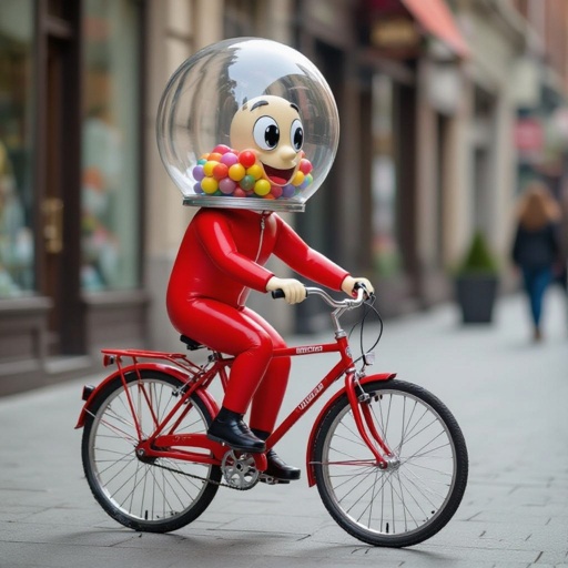 Gumball machine that’s like a human that has a red bike