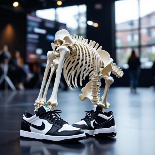 Corpo humano inteiro de osso aparecendo na tela com tênis da Nike no pé. Bem realista