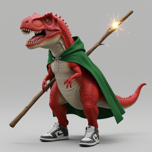 T-rex rosso con il corpo di uno squalo con tre scarpe Nike e un bastone magico mantello verde