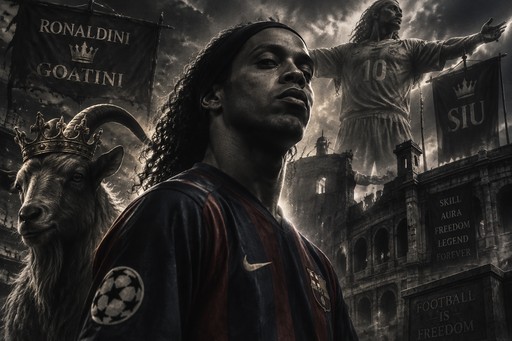 Dark fantasy football collage featuring a player, a goat, and a glowing figure in a stadium scene