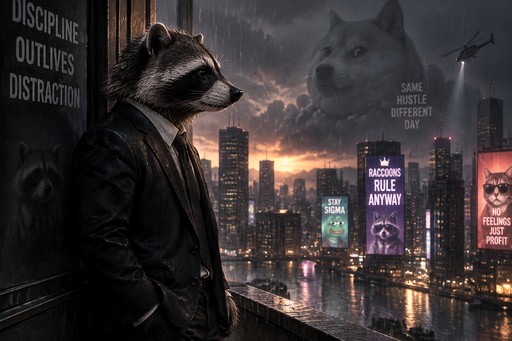 Suit-wearing raccoon overlooks a neon city skyline in dark meme art.