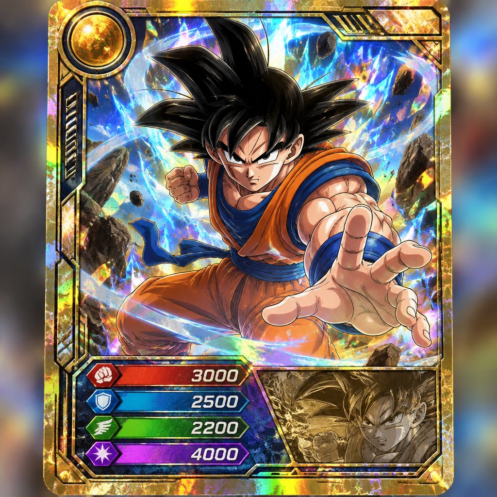 Colorful trading card depicting an anime character reaching forward amid glowing energy effects.
