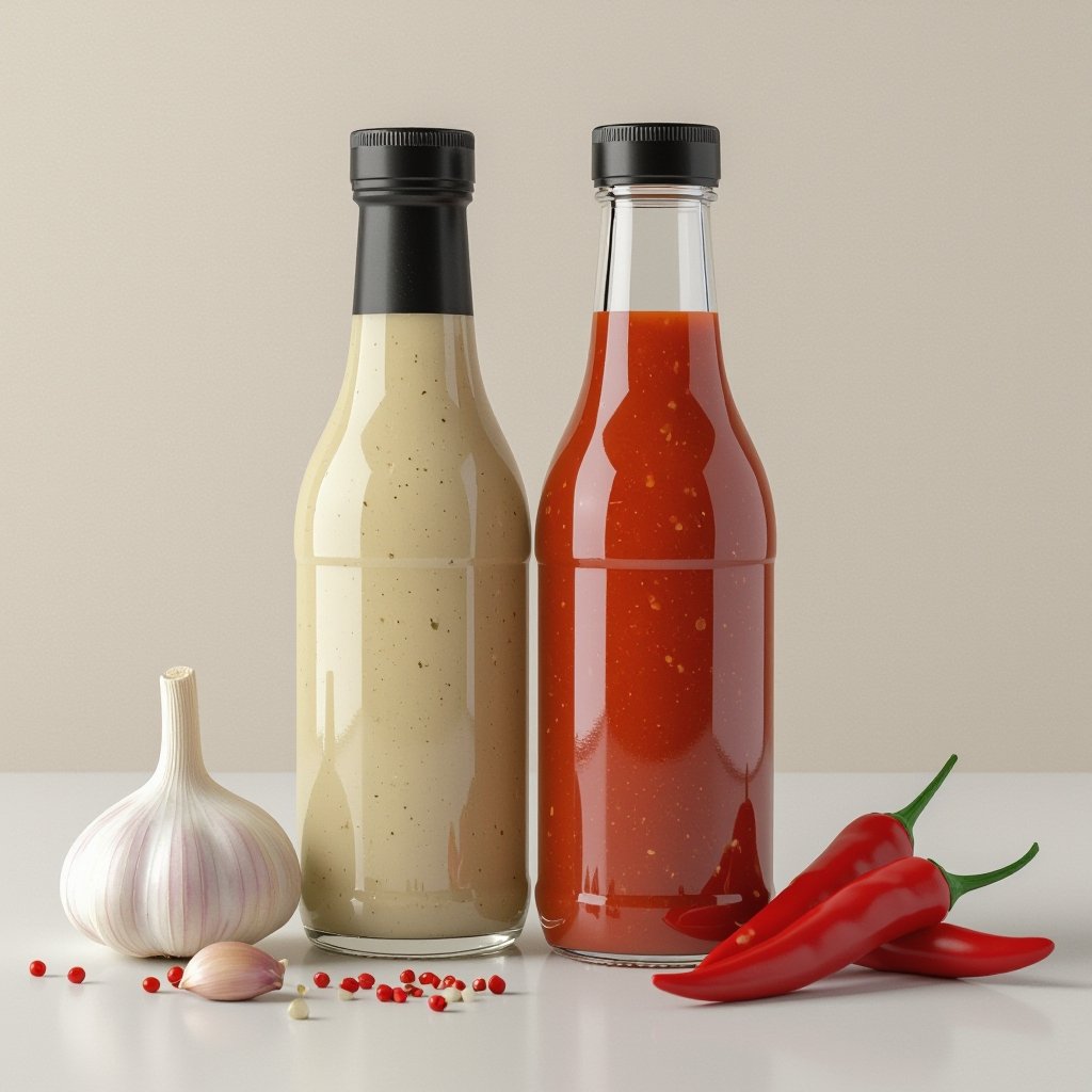 Molho de pimenta do lado de um molho de alho. Os dois em pé e de garrafa que tem. OBS:realista e sem rótulos