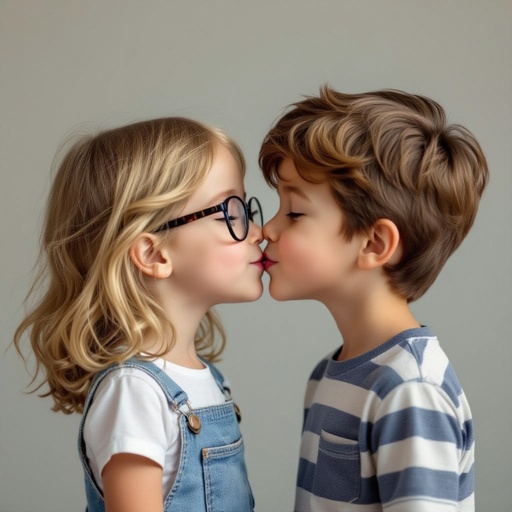 A 8 year old girl with a boy kissing togheter a girl has blonde hair and glasses and the boy has Brown hair and he is super