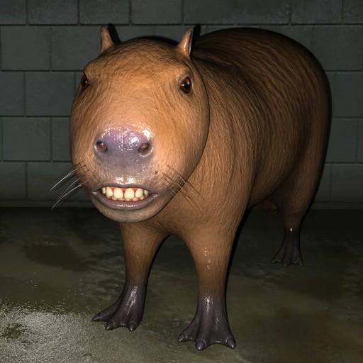 Surreal 3D-rendered capybara-like creature standing in a dim tiled room
