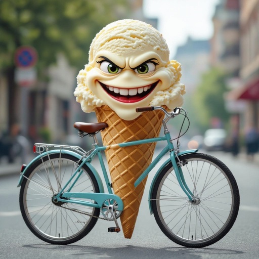 Un gelato con la faccia furba su una bicicletta