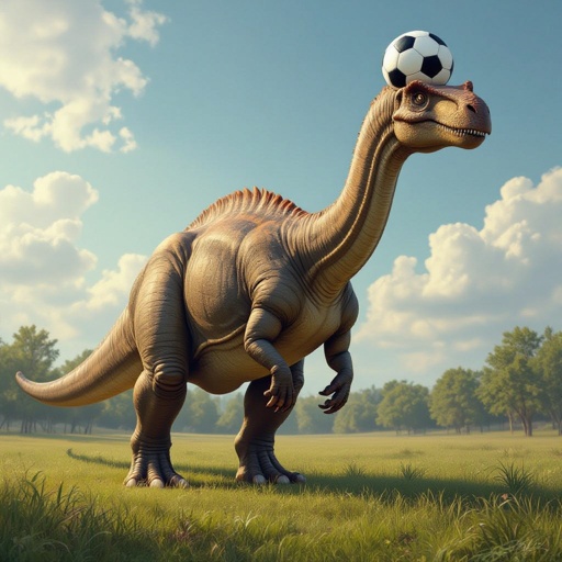 Un bronto sauro con un pallone da calcio al posto della testa