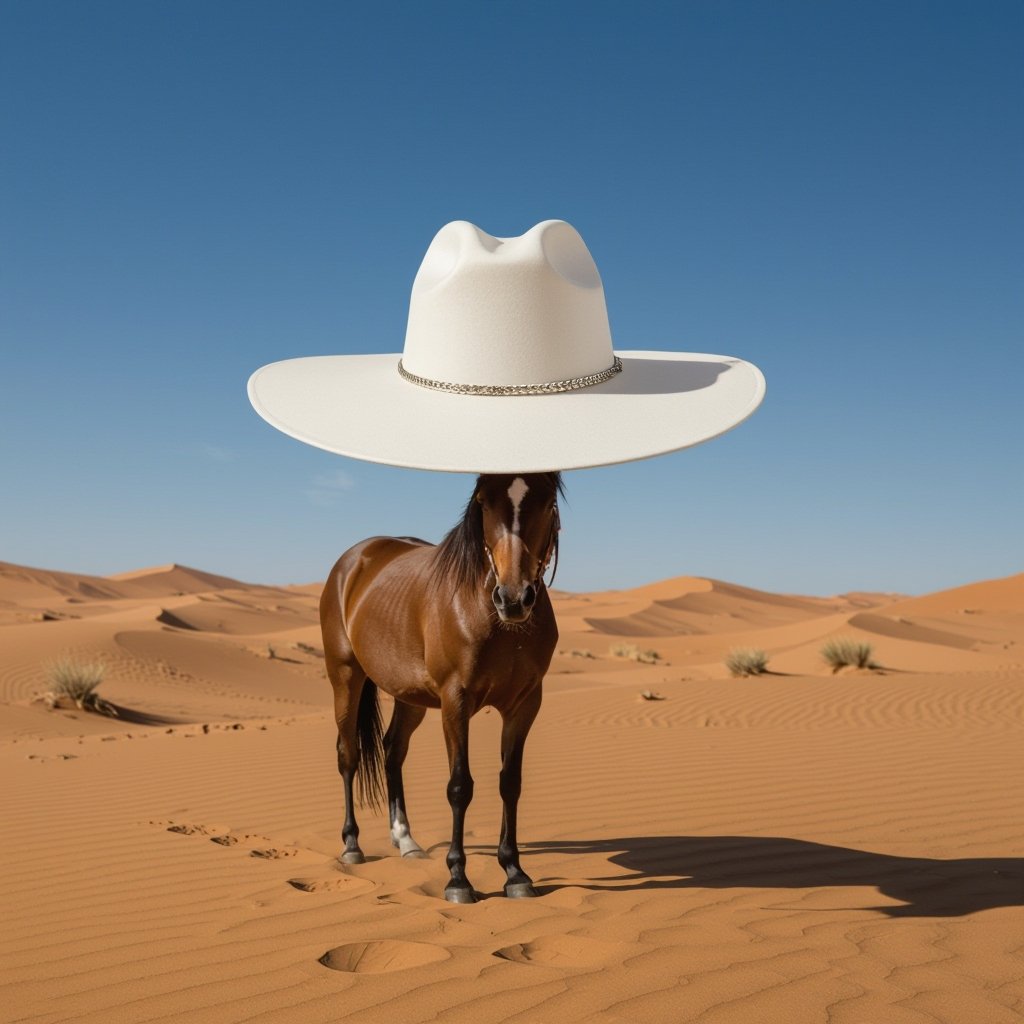 Horse with a hat that is in the desert