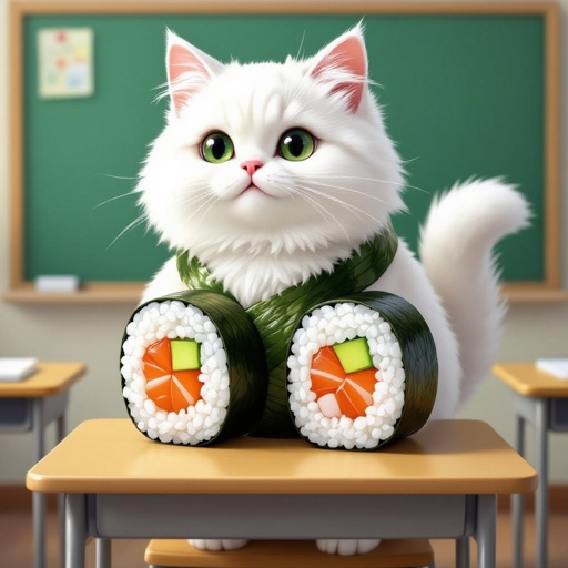 White cat with sushi body in class