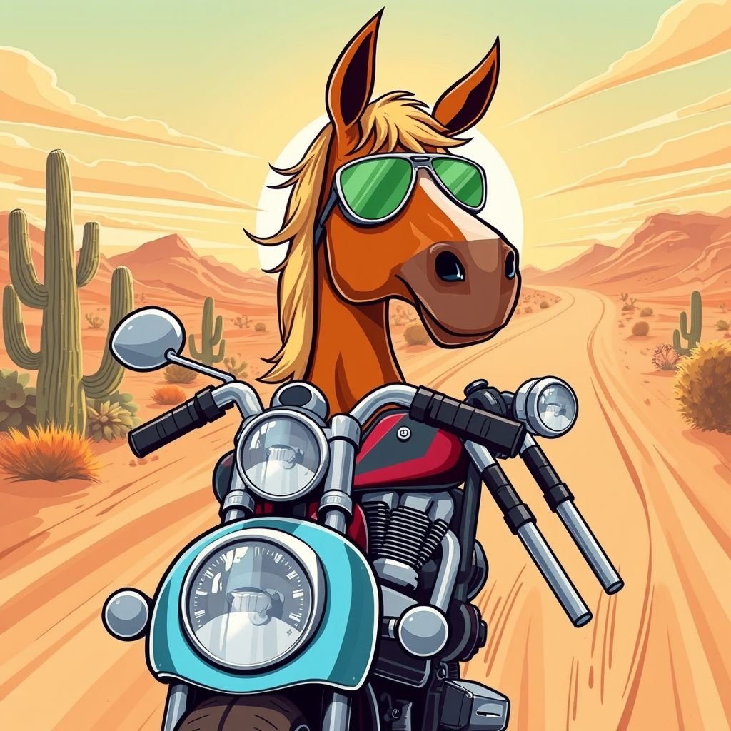 Un cavallo con la moto e gli occhiali da sole
