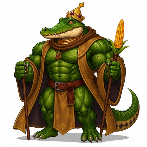 Green anthropomorphic crocodile warrior wearing armor and holding spears, corn, and shield
