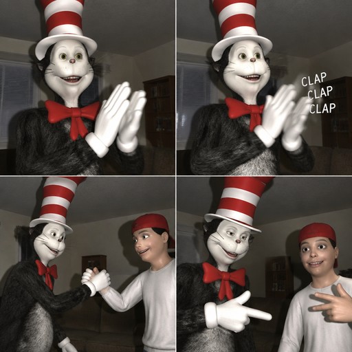 A Cat in the Hat character claps and gestures beside a person in a four-panel meme.
