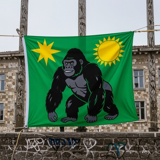 黄色いゴリラと太陽が描かれた緑色の背景の旗