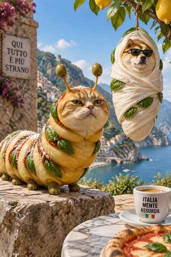 Surreal illustrated cats wearing wraps beside a sign overlooking a lake.