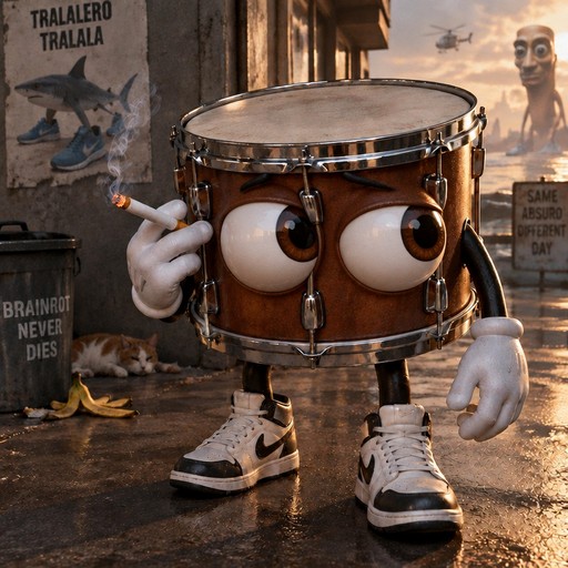 Cartoon brown drum with sneakers and gloves in a gritty alley scene