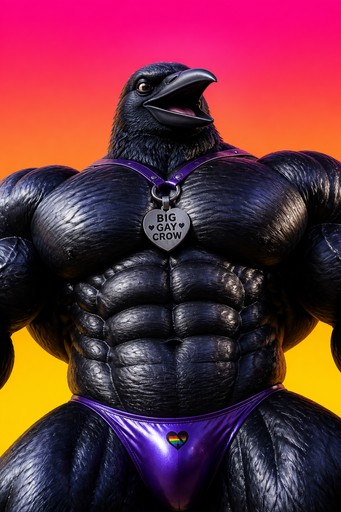 Muscular black crow character posing against a bright pink and yellow background