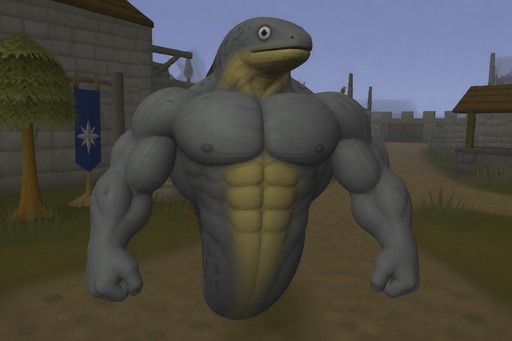 Low-poly muscular fish-headed humanoid standing in a medieval village.