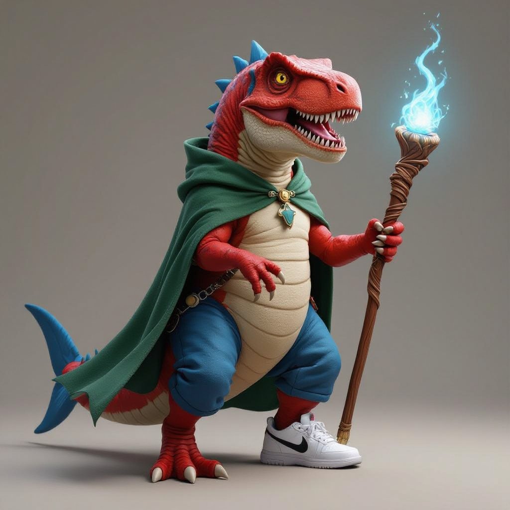 T-rex rosso la coda di uno squalo blu con scarpe Nike e un bastone magico mantello verde e pantaloni blu