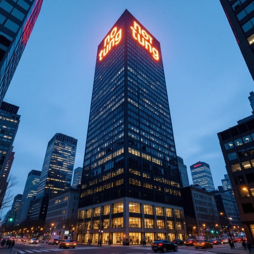 A skyscraper that has a sign saying no tung tung