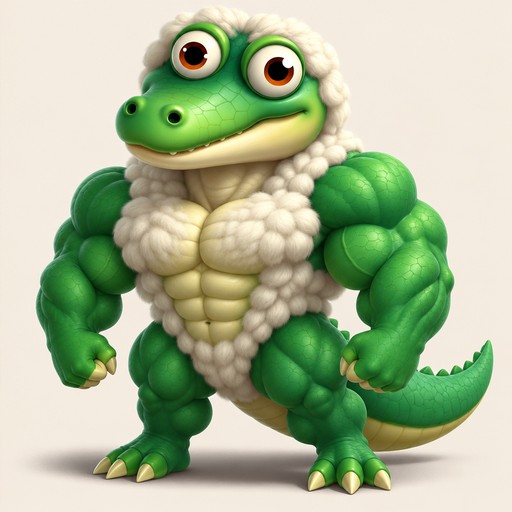 Cartoon green crocodile with white fur, muscular limbs, and a curled tail.