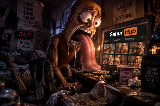 Surreal dark meme artwork of a wide-eyed person beside a Sahur Hub storefront amid debris