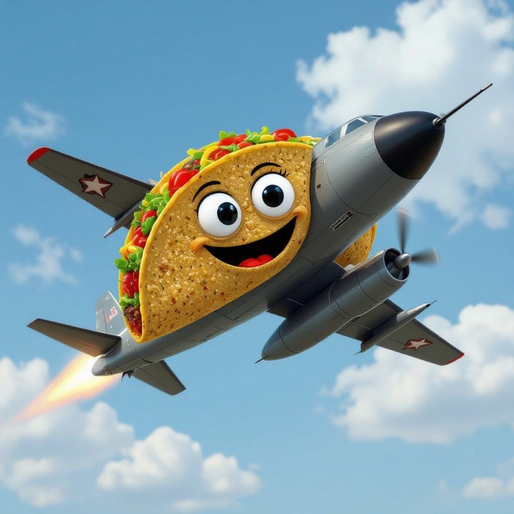 Taco 2 black eye black mouth with bomber plane body in sky