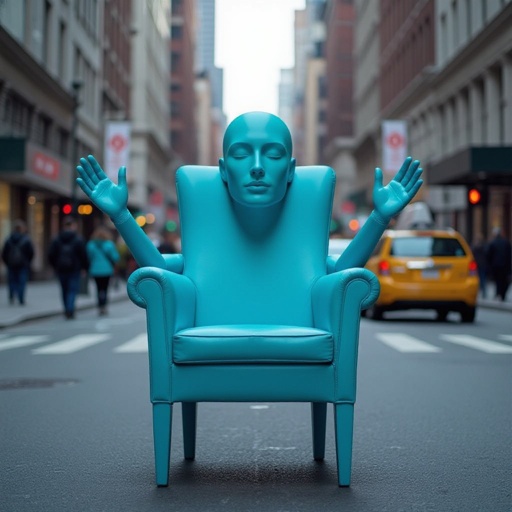 Cyan chair with human face 2 cyan hand 2 cyan leg in city