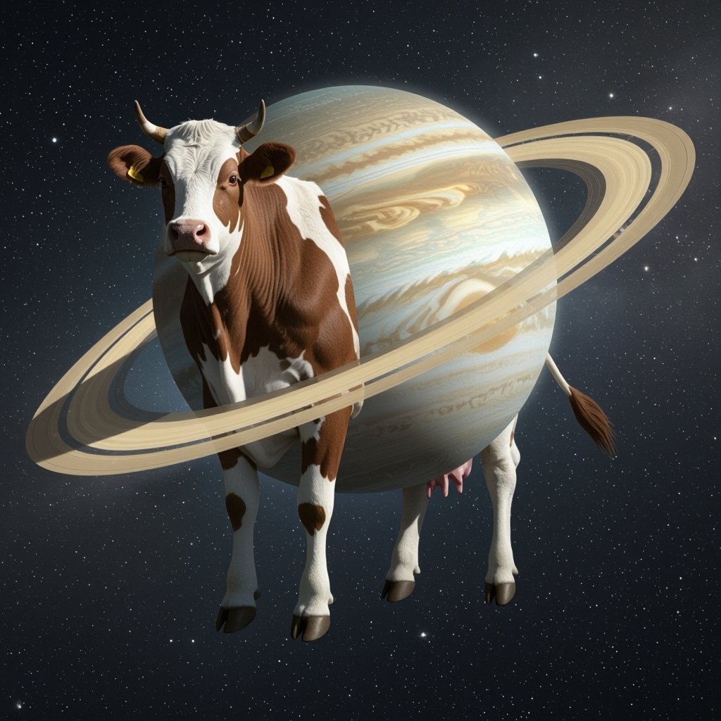 Cow with Saturn body 2 cow leg 2 human foot in space