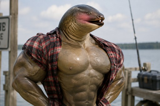Muscular fish-headed figure in plaid shirt standing near a waterfront.