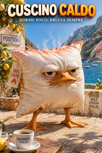 Angry-faced cat-themed bread on a beach in a surreal meme collage with Italian text